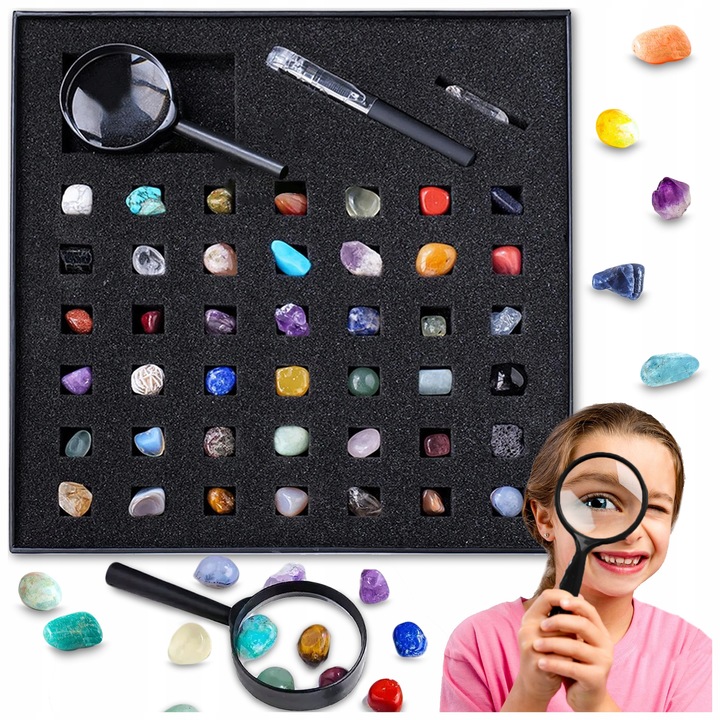 Set colectionare 43 pietre si minerale naturale, Pixel, cu lupa si plansa, 26x25x3,5cm
