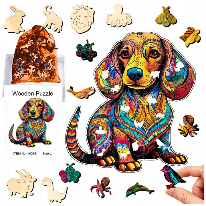 A4-es fa puzzle, Pixel, 174 darab, kétoldalas kialakítás, kutya téma, 3-4 mm