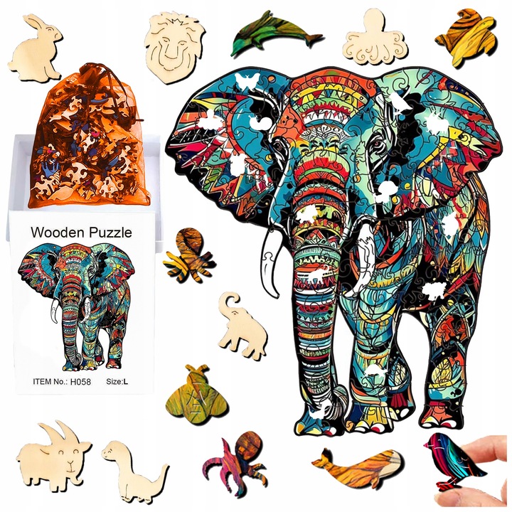 Puzzle din lemn A4, Pixel, elefant, 149 piese, design dublu fata, cutie eleganta