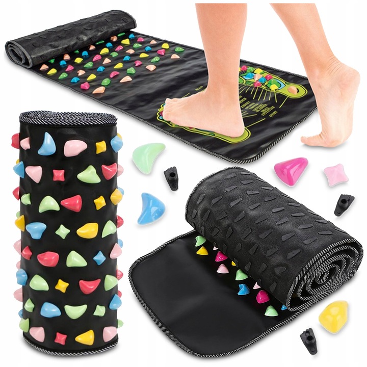 Covoras de masaj pentru picioare, Pixel, 136x33cm, cu 3 pietricele de rezerva, negru