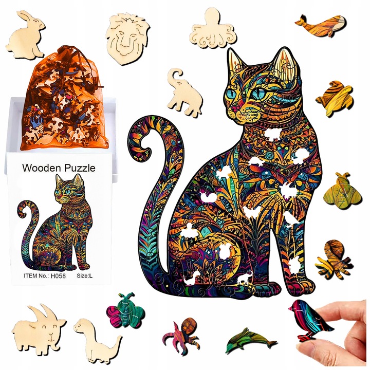 A4 Pixel fa puzzle, 159 elem, kétoldalas modell, macska motívum, 3-4 mm