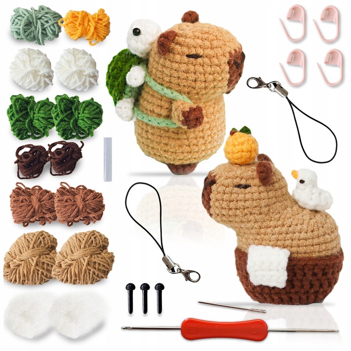 Комплект за плетене на една кука 2x Капибара, пиксел, различни материали, 2 куки за плетене на една кука, 4 маркера, 2 карабинера, 3 предпазни очички
