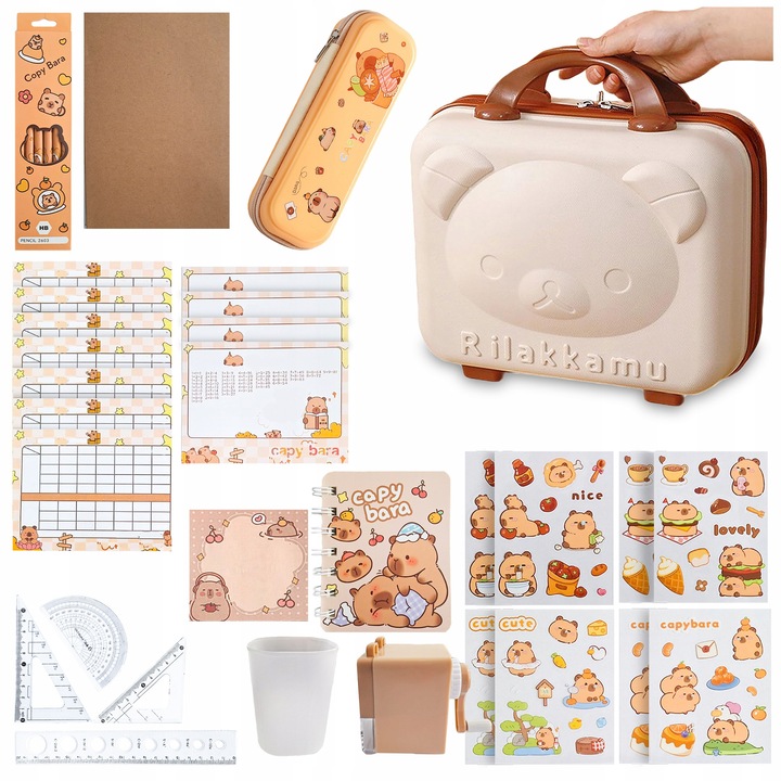 Set scolar capybara, Pixel, 42 elemente, cu penar si accesorii, multicolor, dimensiune compacta