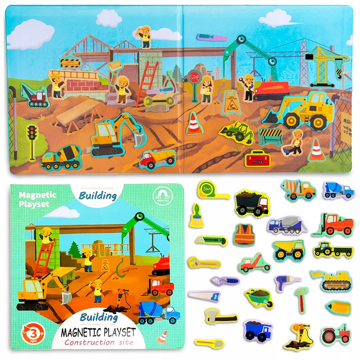 Carte educationala cu magneti, Pixel, tema santier, 50 magneti