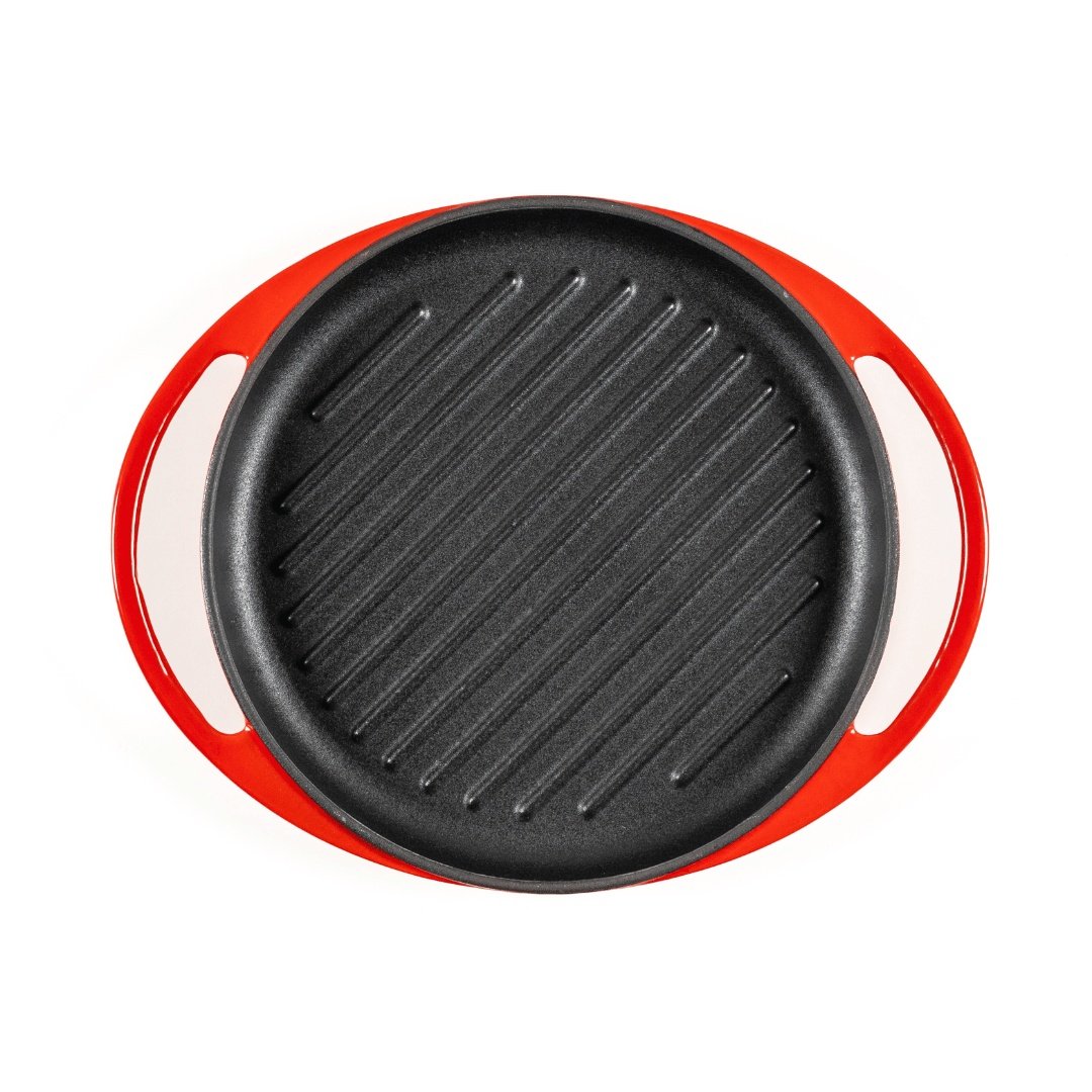Tigaie Grill rotunda din fonta emailata, Lätt Home, 26 cm, prindere cu manere largi, rosu Cherry