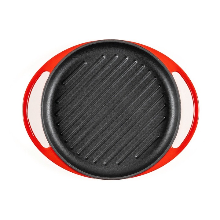 Tigaie Grill rotunda din fonta emailata, Lätt Home, 26 cm, prindere cu manere largi, rosu Cherry