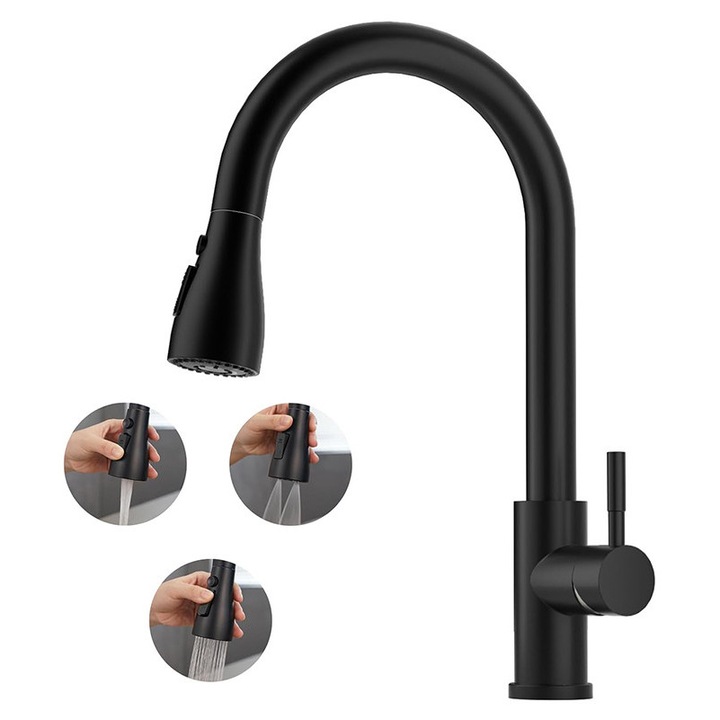 Кухненски смесител TodyJeyHo, за кухня, 3 режима, черен, 360° въртящ се, 20 инча прибиращ се маркуч