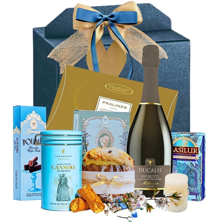 Cadou Ducalis Delight Collection – 10 Produse Premium: Prosecco Italian, Panettone, Praline, Dulciuri & Ceai Basilur