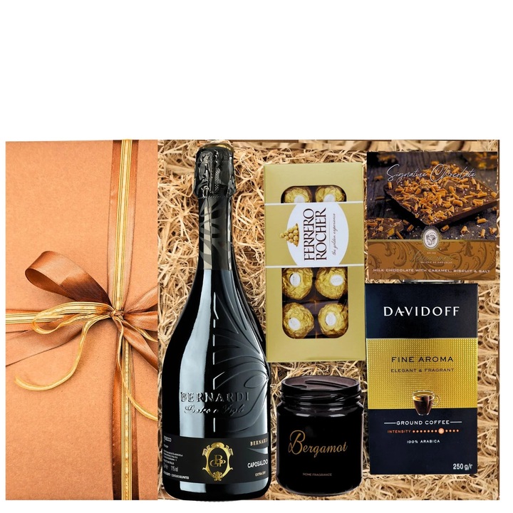 Cadou Prosecco & Fine Aroma – 6 Produse Premium: Prosecco Italian, Cafea Davidoff, Ferrero Rocher, Ciocolata & Lumanare Parfumata