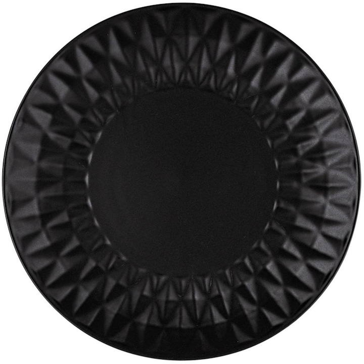Desszertes tányér, Nava, Soho, 20x2 cm, kerámia, kerek forma, könnyen használható, elegáns dombornyomás, fekete