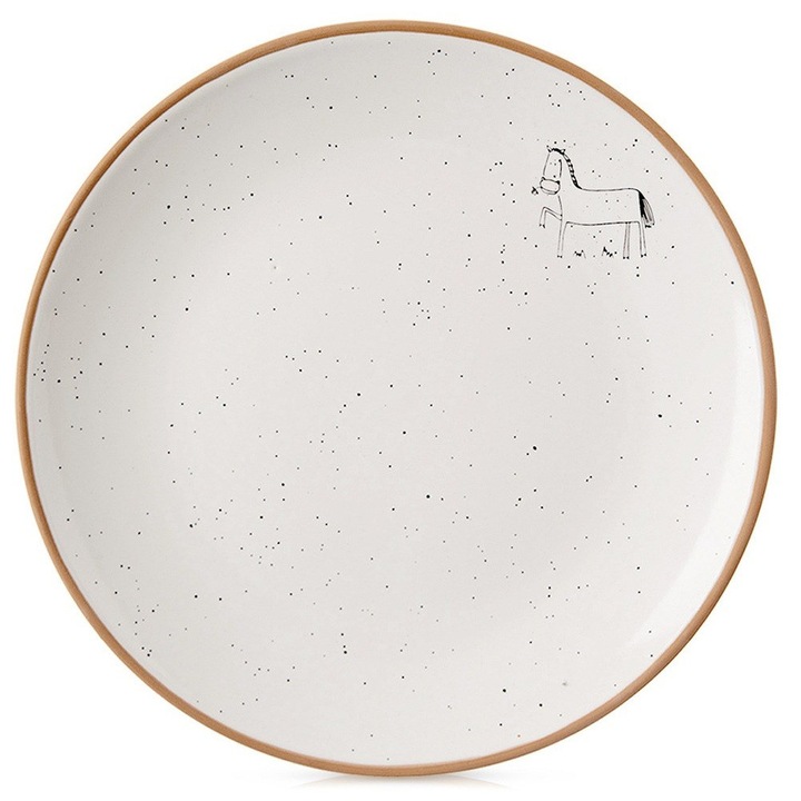 Farfurie desert ceramica Artemis, 20x20x2,5cm, bej, design cu motiv de cal