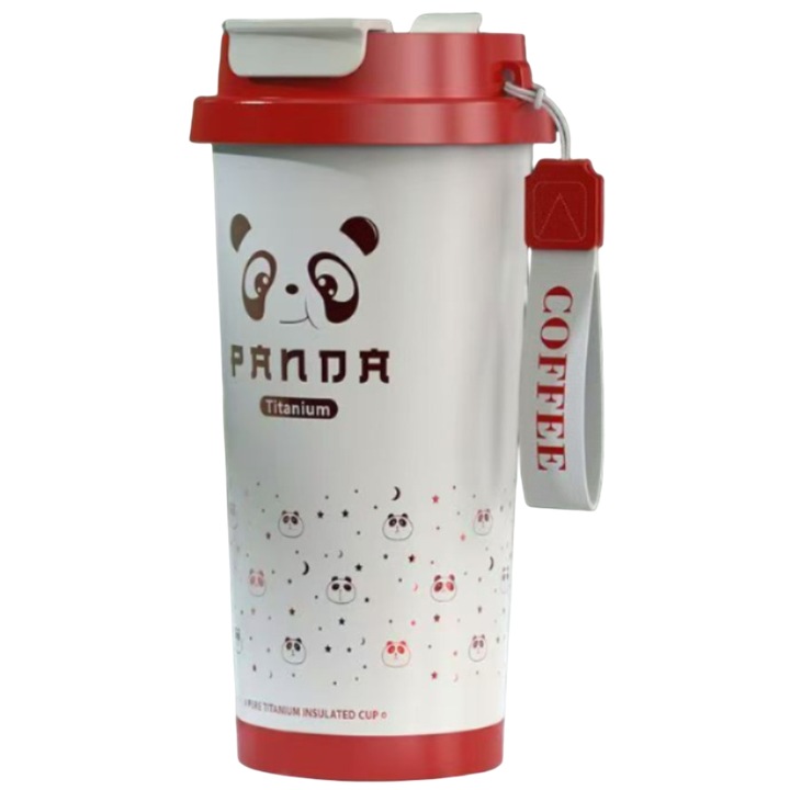 Cana termos BigCar, titan, 520ml, model cu panda, alb/rosu