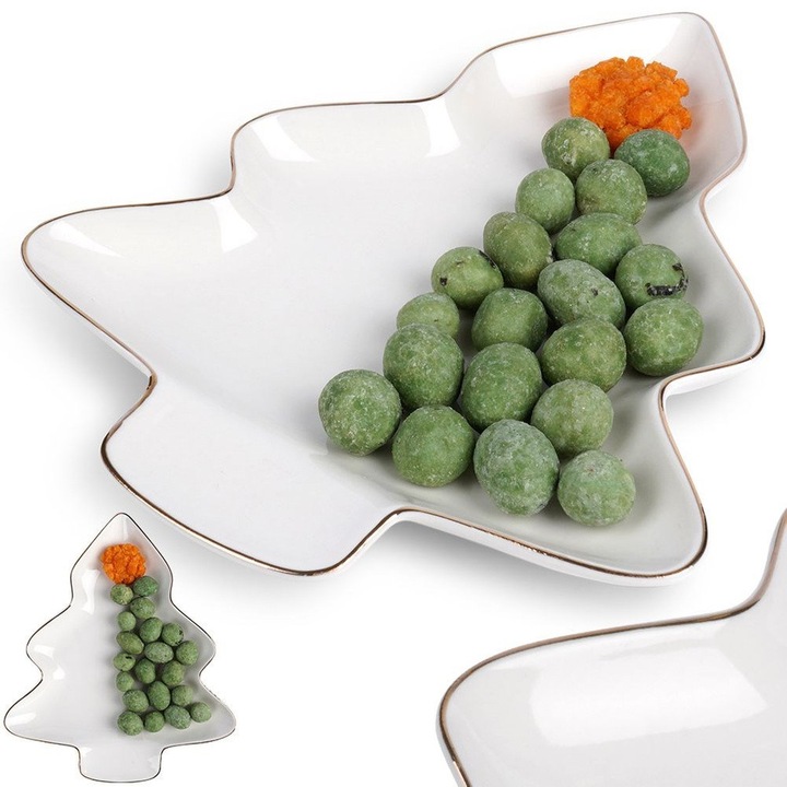 Farfurie de Craciun in forma de brad, Artemis, 20x16,5x2cm, alb cu detalii aurii