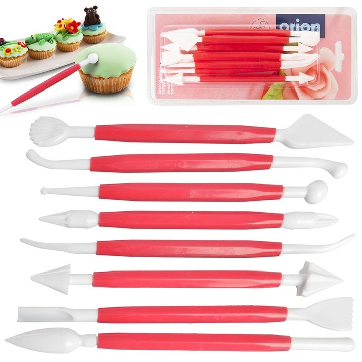 Set 8 Spatule Pentru Decorarea Torturilor, Orion, 14x1.5 cm, Fabricate Dintr-Un Material De Inalta Calitate, Sigur Pentru Sanatate Si Neutru Pentru Alimente, Diverse Varfuri Pentru Modelare Creativa, Rosu