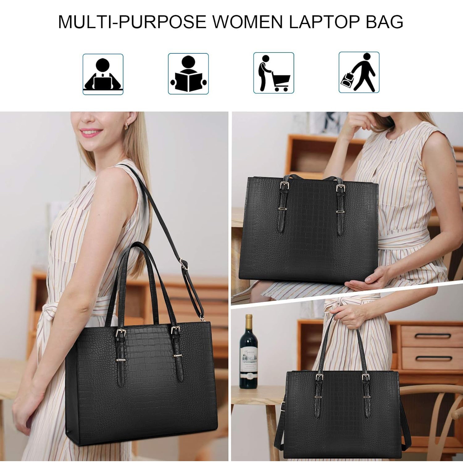 Geanta laptop dama，15.6 ”, Dimensiuni 43x14x33 cm, Impermeabila, din piele PU, Negru