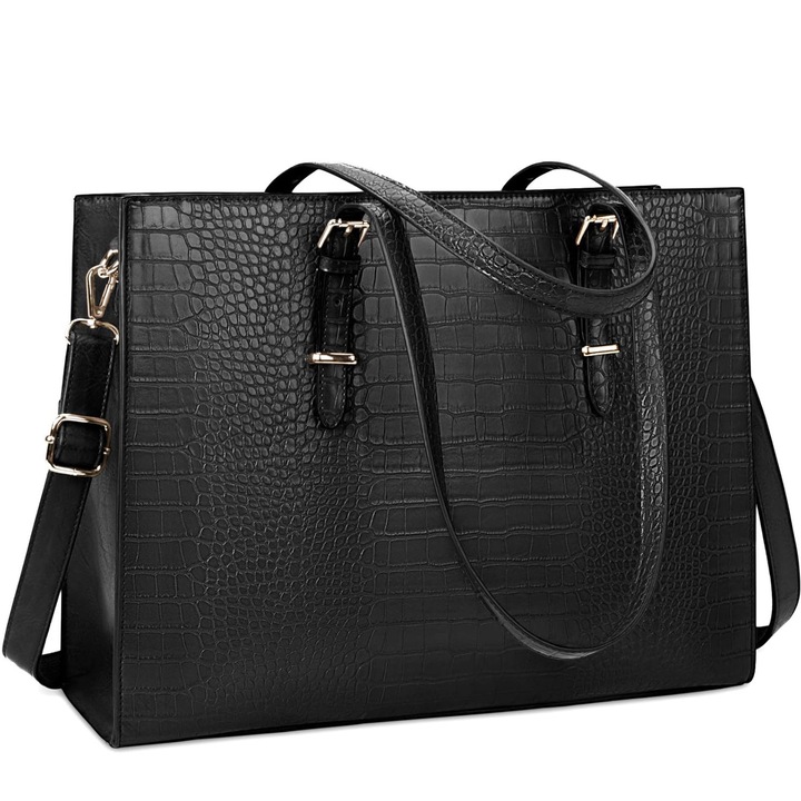 Geanta laptop dama，15.6 ”, Dimensiuni 43x14x33 cm, Impermeabila, din piele PU, Negru