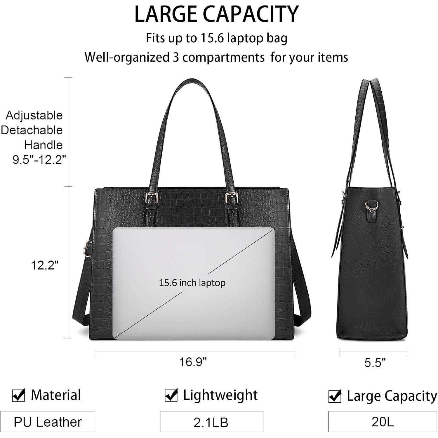 Geanta laptop dama，15.6 ”, Dimensiuni 43x14x33 cm, Impermeabila, din piele PU, Negru
