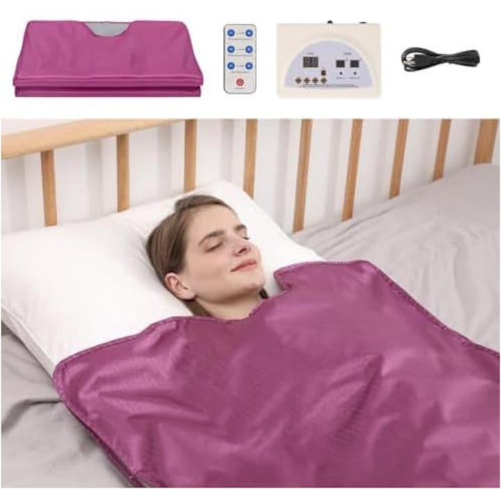 Termocuverta Cu Infrarosu 2 Zone Si Patura Cu Incalzire Electrica, XGETOP®, Cu Telecomanda Inclusa, Pentru Tratamente Corporale Tip Sauna, Slabire, Detoxifiere Si Relaxare, Utilizare Profesionala Sau Acasa, Material Rezistent