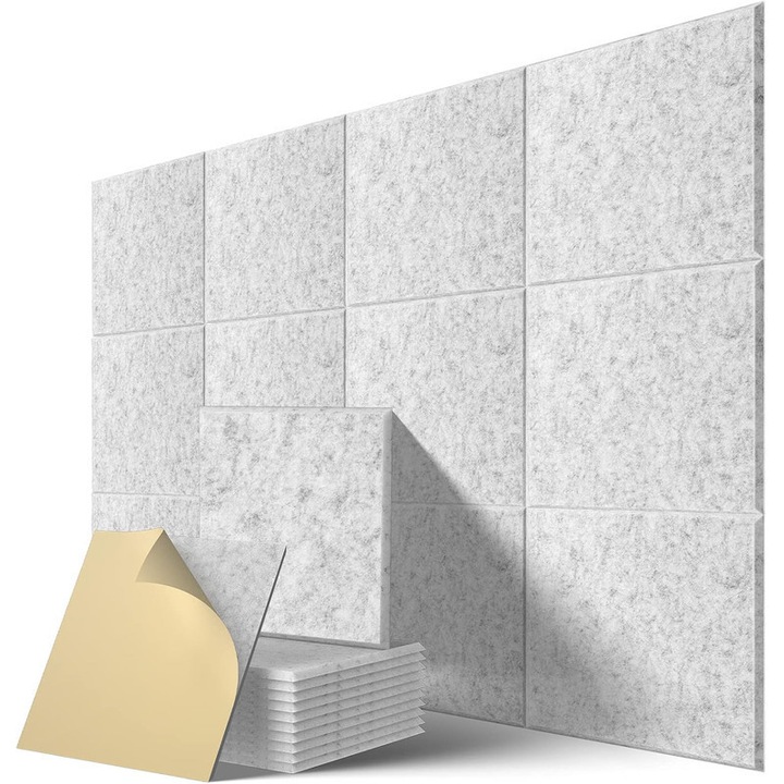 Комплект от 12 самозалепващи акустични плоскости, TodyJeyHo, 30x30x1см, полиестер, сиви