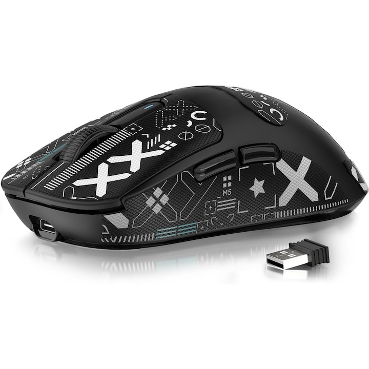 Mouse de gaming wireless ATTACK SHARK X3, mouse ergonomic de 49g, senzor optic PAW3395 cu trei moduri, 26K DPI, autonomie baterie 200h, butoane programabile, accesorii de gaming pentru PC/laptop/Mac (negru)