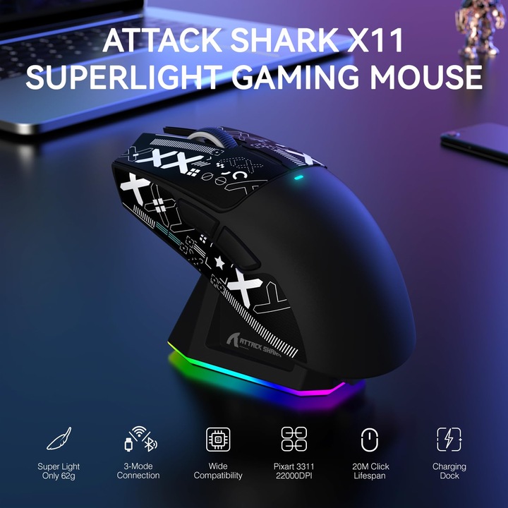 Безжична геймърска мишка ATTACK SHARK X11 лека с RGB докинг станция за зареждане, Tri-Mode свързване - 2.4G/USB-C/BT, 22K DPI, оптичен сензор PAW3311, превключвател HUYU, 5 програмируеми бутона за PC/Mac (черен)