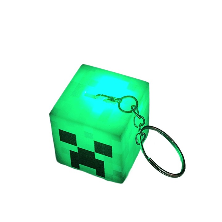 Minecraft Világító Kocka Kulcstartó, USB Újratölthető, ABS Műanyag, Táskához/hátizsákhoz/kulcsokhoz, Játék ajándék, 2.5x2.5x2.5cm
