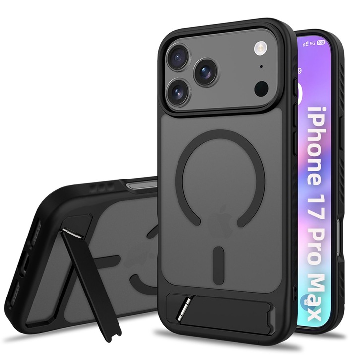 Husa pentru Apple iPhone 17 Pro Max, Suport incarcare wireless, Stand integrat Invizibil, Magsafe, Negru