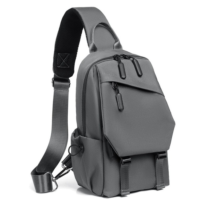 Férfi crossbody táska, poliészter, szürke, férfi üzleti hátizsák, kültéri, multifunkcionális mellkastáska, szabadidő