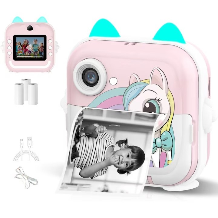 Aparat foto copii cu functie de printare, Rezolutie 48Mpx 1080P, Bluetooth 5.1, Aplicatie Mobila, Display LCD Color 2.4" IPS HD, 3 role hartie incluse, Roz, Imagini de inalta definitie, Usor si portabil, Sigur si durabil, Imprimare distractiva