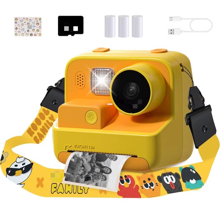 Aparat Foto/Video pentru Copii cu Imprimare Instant, Camera Selfie, Ecran IPS de 2 inch, Video 1080P, Zoom 16x, Card TF de 32 GB, Incarcare USB, Stickere Incluse, Galben, Spatiu amplu de depozitare, Usor de utilizat, Sigur si durabil