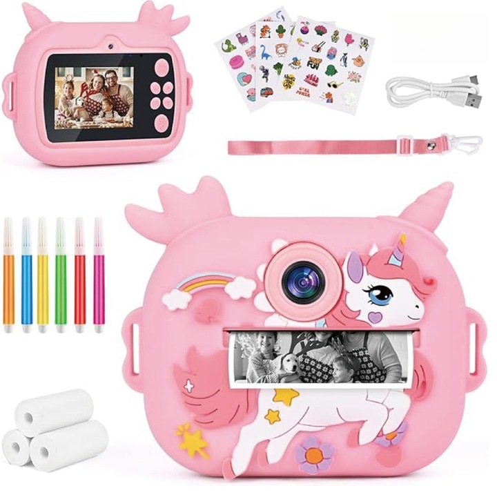 Детски фотоапарат с принтиране, 4K, Двойна предна и задна камера с автофокус, 48Mpx, LCD дисплей 2.4", 5 ролки термохартия, Цветни маркери, включени връзка и кабел за зареждане, Розов, Пълни аксесоари, Различни режими на игра, Преносим и лек