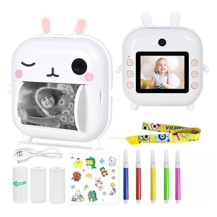 Aparat foto copii cu functie de printare, Rezolutie 24Mpx 1080P, Dual Camera Fata-Spate, Functie SELFIE, Display LCD Color 2.4", Trei suluri de hartie, Carioci si Stickere Colorate, Alb, Simplu si usor de utilizat, Interactiunea parinte-copil