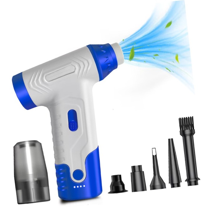 Suflanta aer comprimat portabila, functie aspirator, turbo fan, 140000 RPM, 4 trepte de putere, baterie 2500mAh, USB-C, alb, Design portabil, Functionare silentioasa, Material durabil, Usor de intretinut, Un articol obligatoriu pentru familie