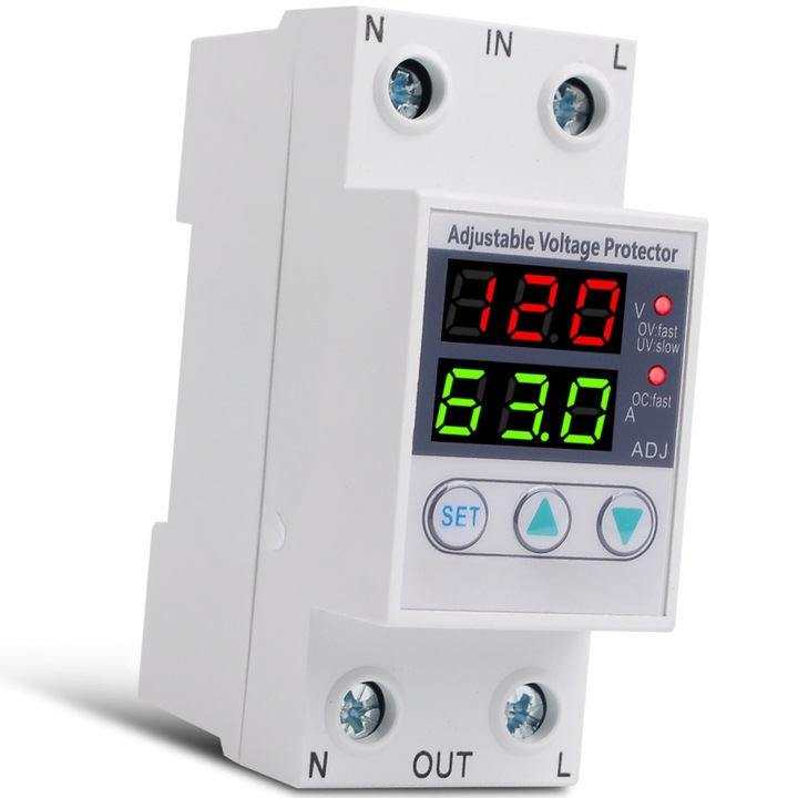 Releu de protectie tensiune,63A, Protectie supratensiune, Protectie subtensiune, Monitorizare tensiune, Smart, Afisaj digital, Monofazat, Recuperare automata, Alb, Functionare stabila, Raspuns rapid, Sigur si fiabil, Protectie eficienta