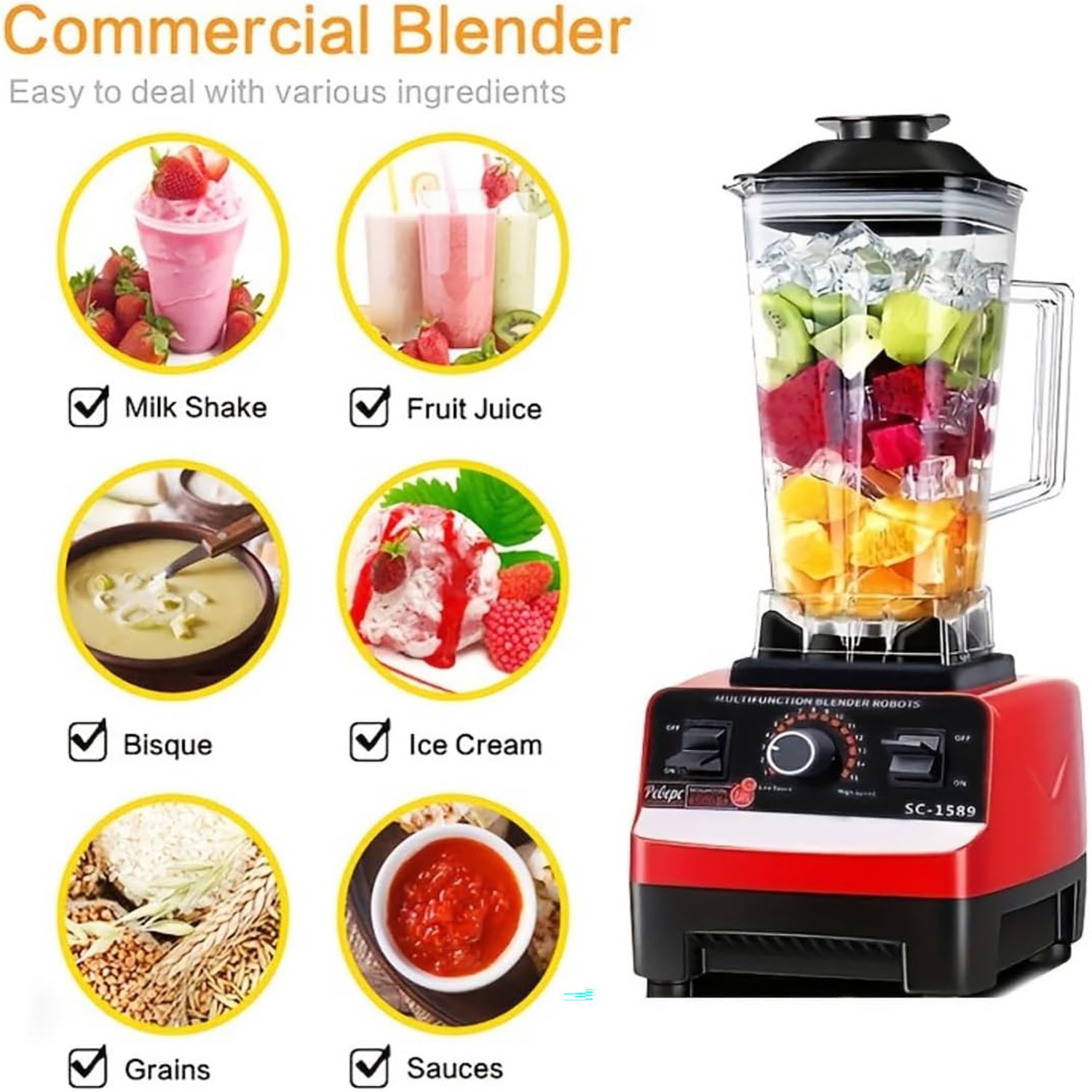 Blender Puissant 6000W 2.5L 9 Vitesses Pour Glace Fruits - Neuf