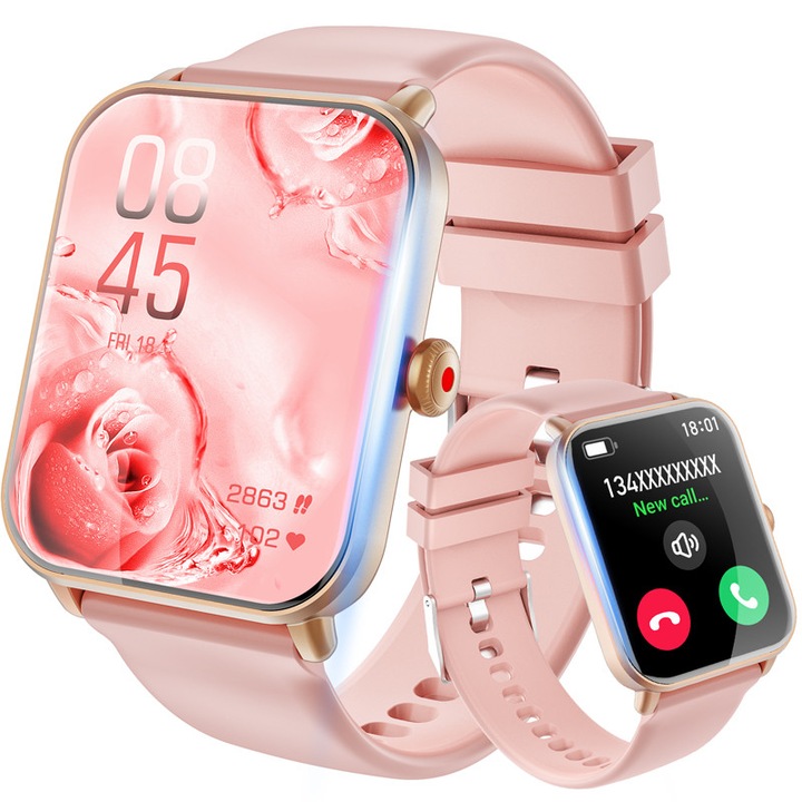 Смарт часовник, Hwagol, Ny39, 1.85 инча, Bluetooth разговор, Спортен режим, Фитнес тракер, Стъпки, Калории, Разстояние, Сърдечен ритъм, Музикален плейър, Розов