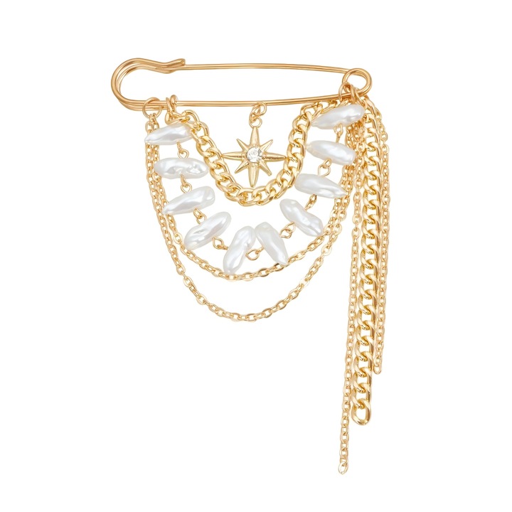 Brosa stea vintage, brosa cu ciucure cu lant de perle imitatie, material din aliaj, accesorii vestimentare pentru femei, accesorii pentru jacheta, decor pentru rucsac si palarie