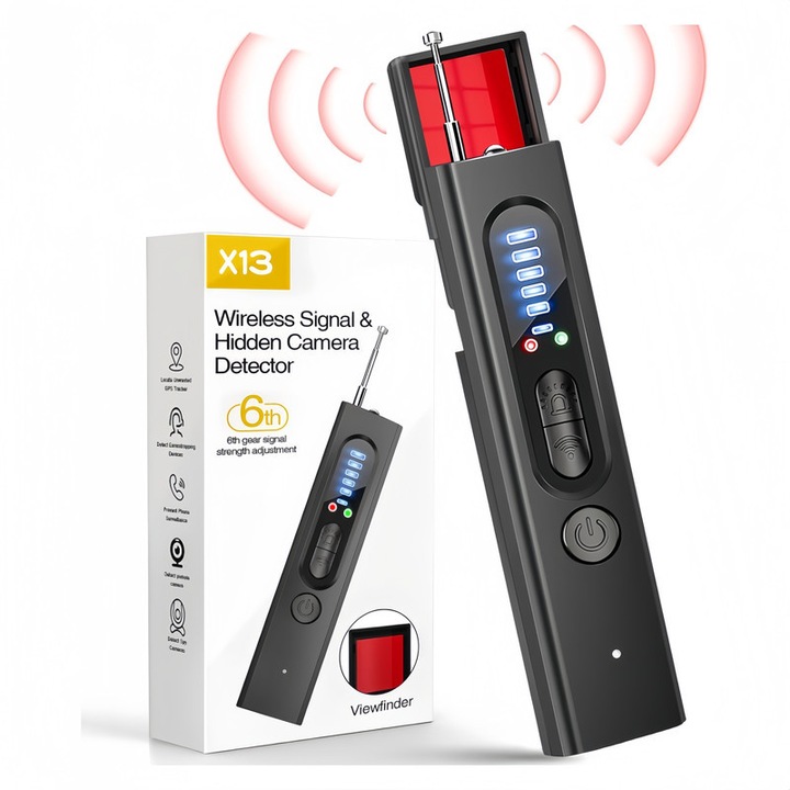 Profesionális kémelhárító detektor, RF frekvencia 8000 MHz, jelfelismerési távolság akár 10 méter, 5 állítható érzékenységi szint, LED lézerlencse és kamerafény, GPS, rejtett mikrofon, hangrögzítő, fekete