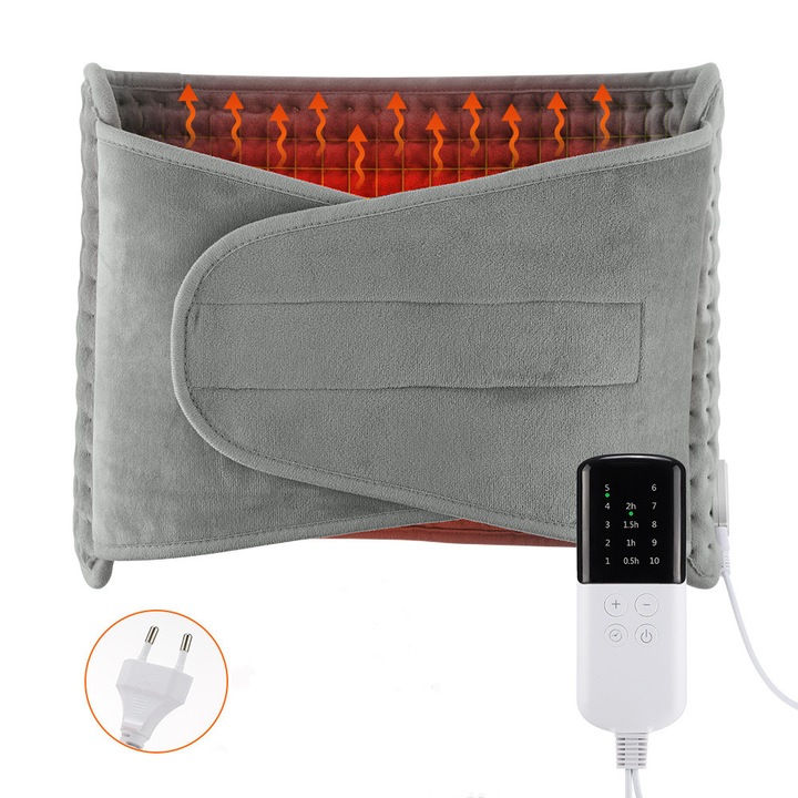 Centura electrica, Esther Beauty®, incalzire rapida pentru abdomen, perna electrica pentru spate, gat, umeri, picioare, 10 niveluri de caldura, 4 setari de timp, lavabila, oprire automata, Gri