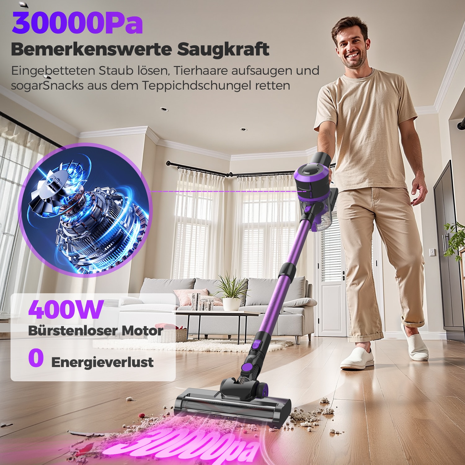 Aspirator vertical fara fir 4 in 1, Bedee, 400W, 2500mah*6, Cu afisaj LED, timp de functionare de pana la 55 de minute, Capteaza eficient 99.99% dintre alergeni si murdarie, aspirator cu maner pentru par de animale, podele dure, covoare, Mov/Negru
