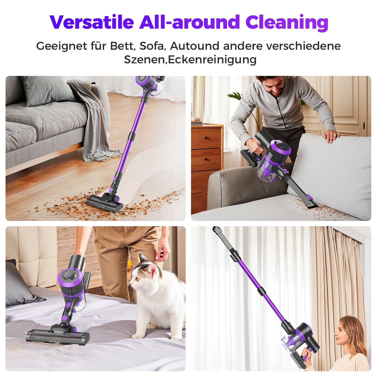Aspirator vertical fara fir 4 in 1, Bedee, 400W, 2500mah*6, Cu afisaj LED, timp de functionare de pana la 55 de minute, Capteaza eficient 99.99% dintre alergeni si murdarie, aspirator cu maner pentru par de animale, podele dure, covoare, Mov/Negru