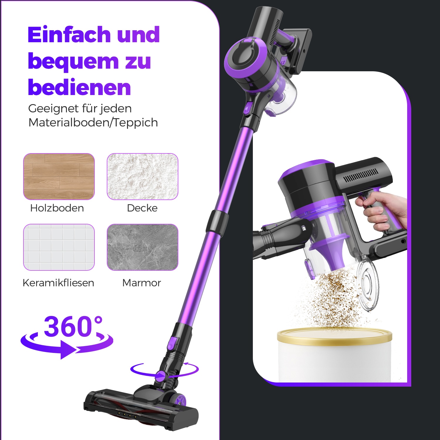 Aspirator vertical fara fir 4 in 1, Bedee, 400W, 2500mah*6, Cu afisaj LED, timp de functionare de pana la 55 de minute, Capteaza eficient 99.99% dintre alergeni si murdarie, aspirator cu maner pentru par de animale, podele dure, covoare, Mov/Negru