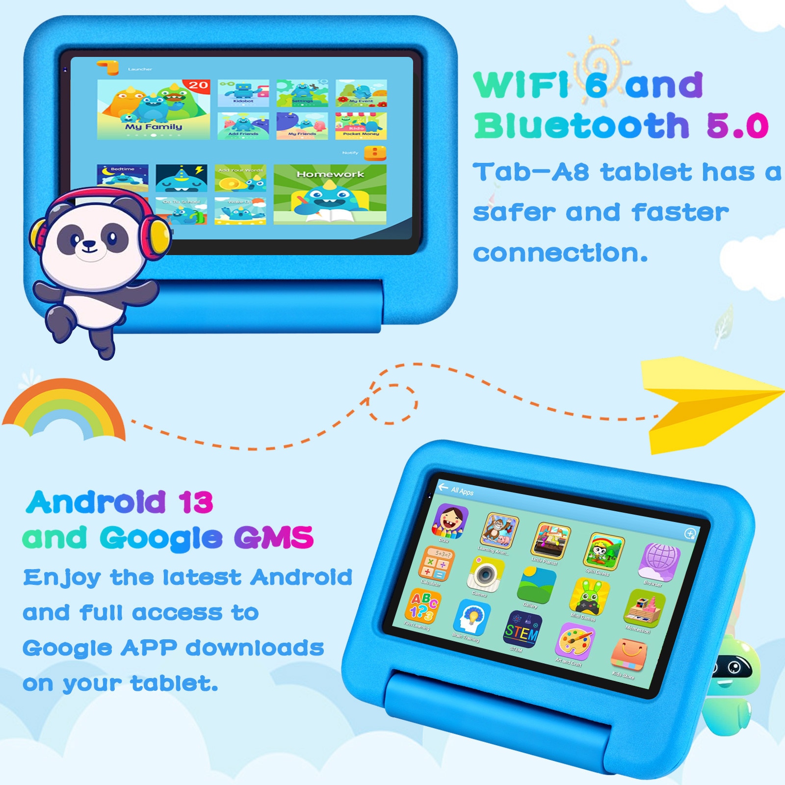 Tableta pentru copii de 7 inch, marca OANGCC, cu Android 13, 7GB RAM+64GB ROM(1TB TF), WiFi 6 Tablet, Quad-Core/BT 5.0/3500mAh, Tableta pentru copii cu control parental, Tableta cu carcasa EVA, Albastru