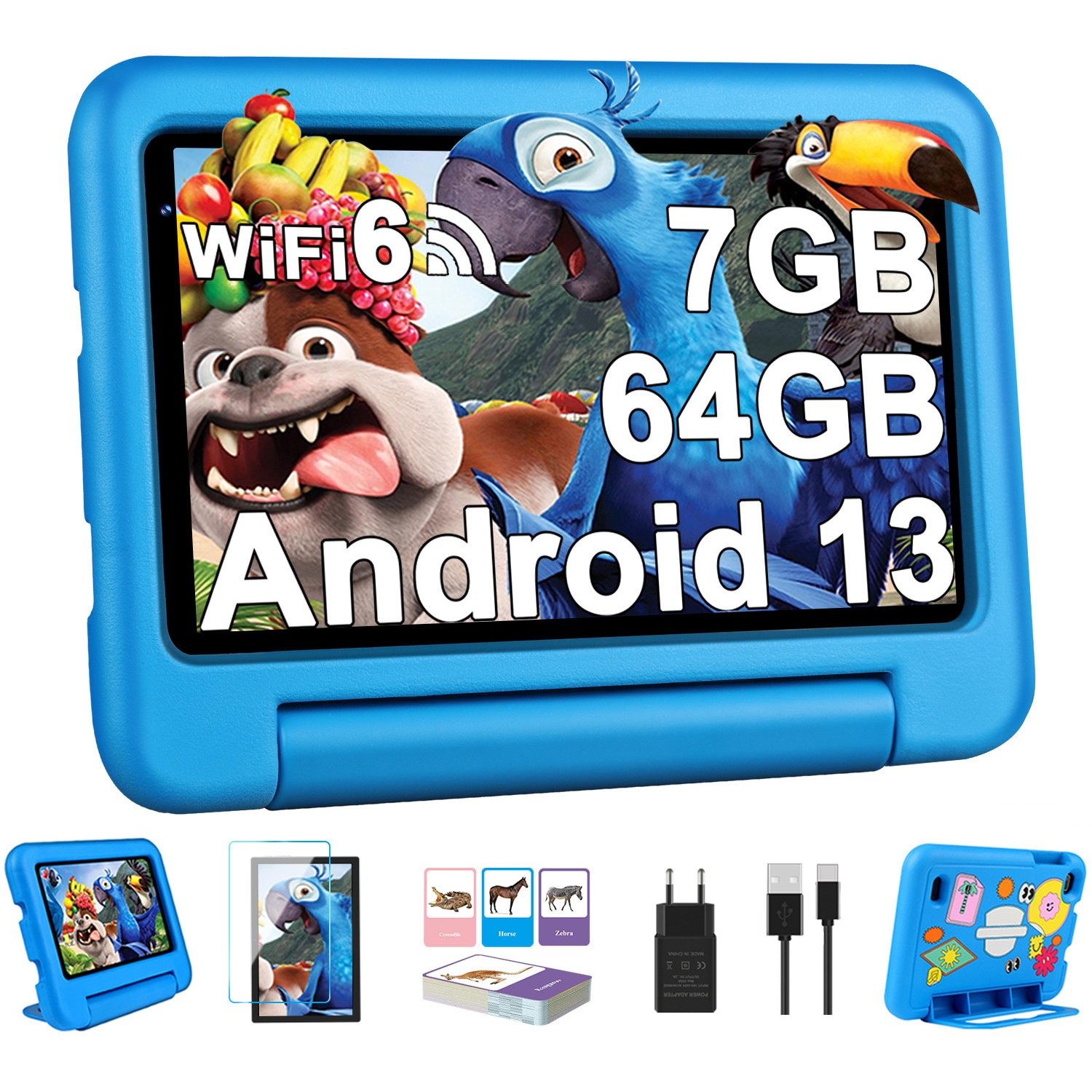 Tableta pentru copii de 7 inch, marca OANGCC, cu Android 13, 7GB RAM+64GB ROM(1TB TF), WiFi 6 Tablet, Quad-Core/BT 5.0/3500mAh, Tableta pentru copii cu control parental, Tableta cu carcasa EVA, Albastru