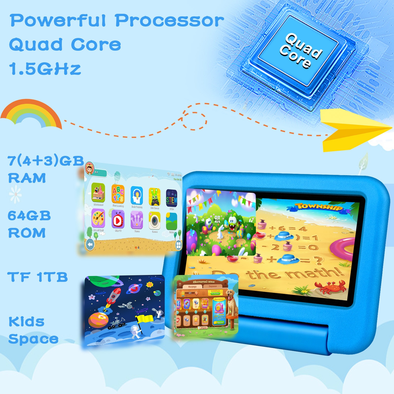 Tableta pentru copii de 7 inch, marca OANGCC, cu Android 13, 7GB RAM+64GB ROM(1TB TF), WiFi 6 Tablet, Quad-Core/BT 5.0/3500mAh, Tableta pentru copii cu control parental, Tableta cu carcasa EVA, Albastru
