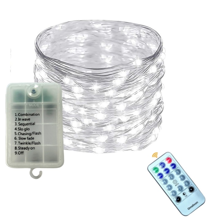 Omelivon® LED szalag, elemes és időzítős távirányítóval, 10 méter hosszú, 100 LED izzóval, 8 villogó üzemmóddal, beltéri és kültéri használatra, karácsonyi partikra, hideg fehér