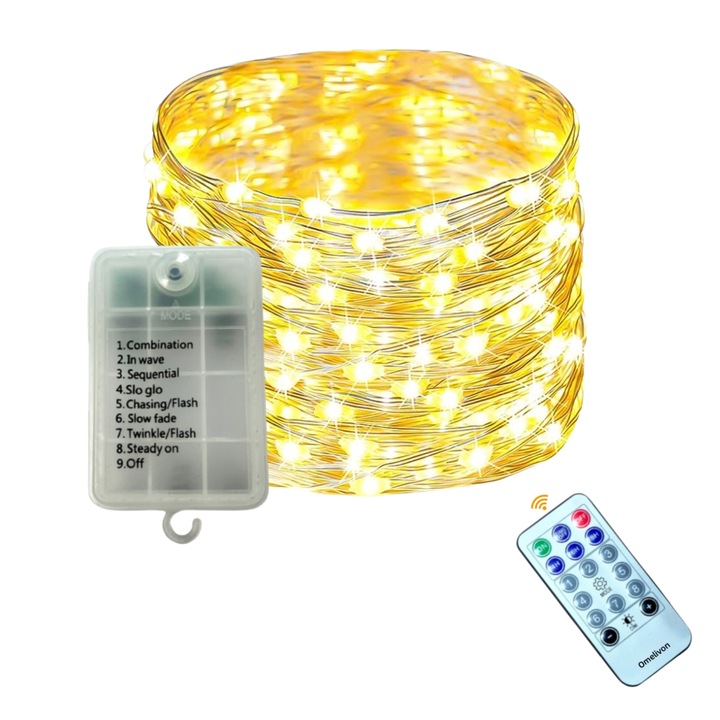 Omelivon, LED szalag, elemes és időzítős távirányítóval, 10 méter hosszú, 100 LED izzóval, 8 villogó üzemmóddal, beltéri és kültéri használatra, karácsonyi partikhoz, meleg fehér