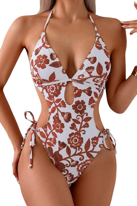 Цял бански, провокативен модел, деколте тип халтер, гол гръб, класически бикини с изрязан край, регулируема тясна кройка, Кафяв