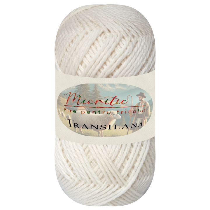 Fir pentru tricotat, Transilana, Mioritic, 100% lana, culoare Alb O5001, 125g, 208m