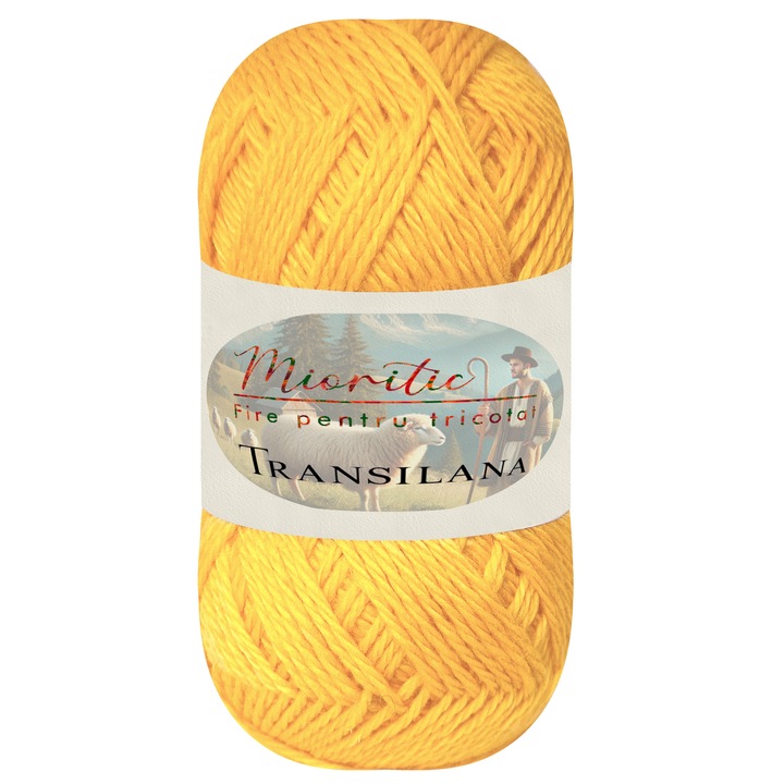 Fir pentru tricotat, Transilana, Mioritic, 100% lana, culoare Galben O5002, 125g, 208m